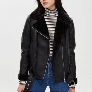 Topshop faux leather aviator jacket in black | size 6